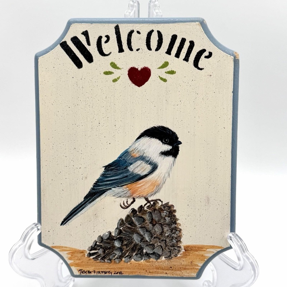 Vintage 90's Hand-Painted Wood Blue Welcome Sign Cottage Chickadee Bird